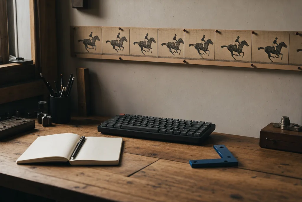 A strip of horse chronophotographs pinned above a workshop desk